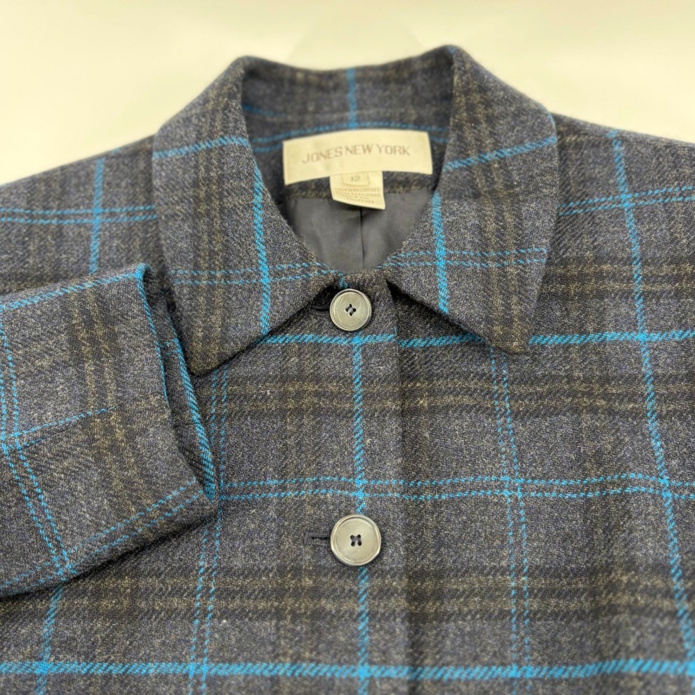 Jones New York Women's Plaid Blazer Jacket Size 12 WOOL‎ Blue Gray